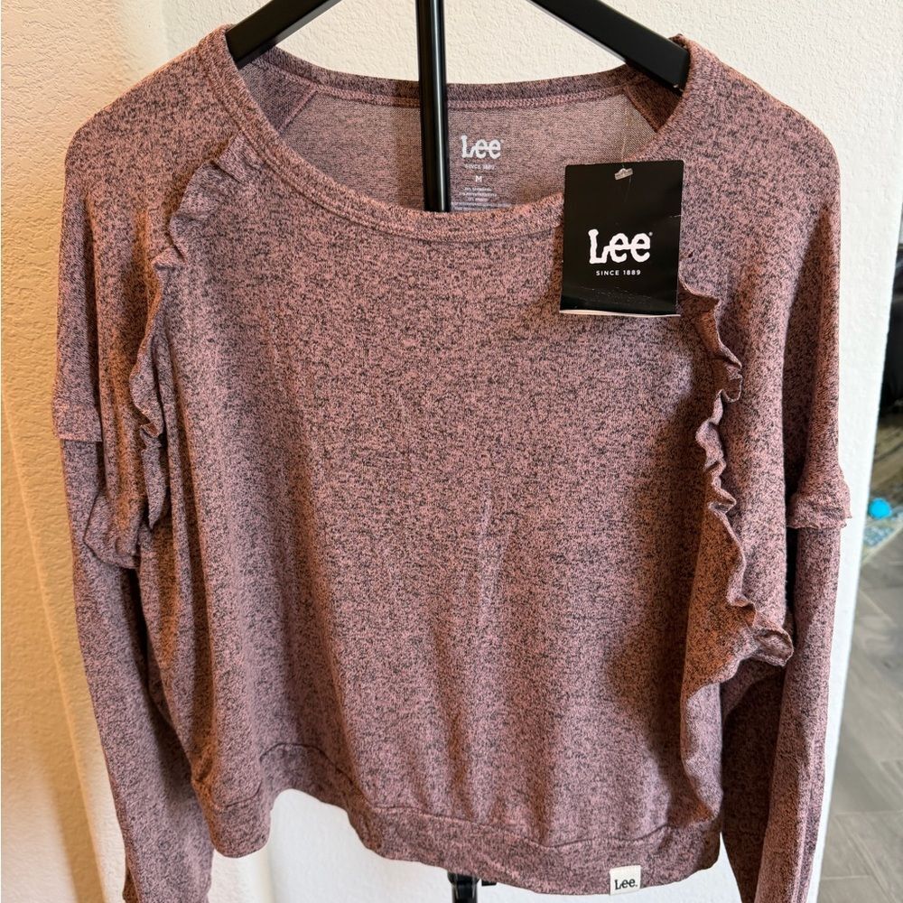 Lee Ruffle-Trim Pullover Sweatshirt in Pink Heather M